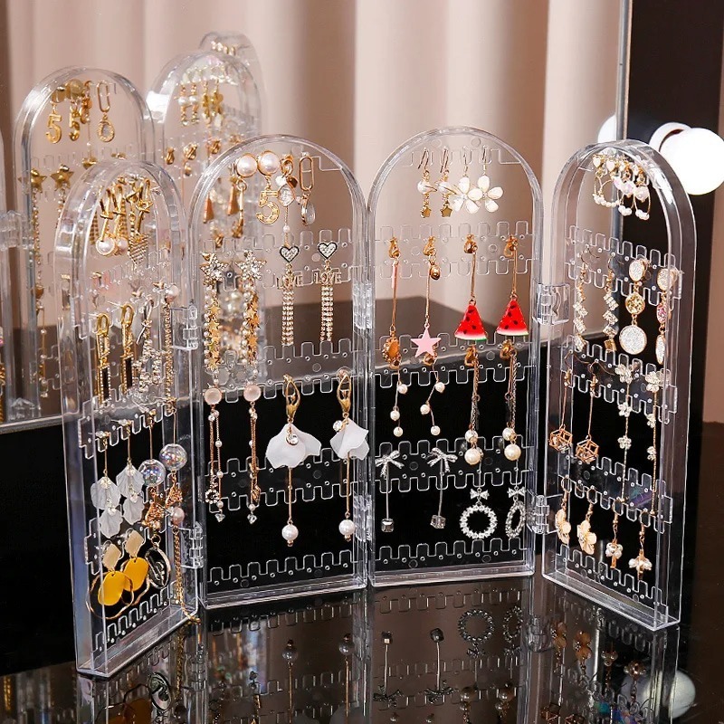 Transparent Clear Acrylic Folding Earring Holder 4 Doors Necklace Display Stand Rack Transparent Jewelry Organizer Box