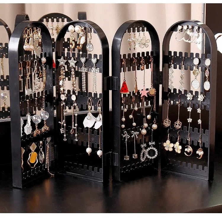 Transparent Clear Acrylic Folding Earring Holder 4 Doors Necklace Display Stand Rack Transparent Jewelry Organizer Box