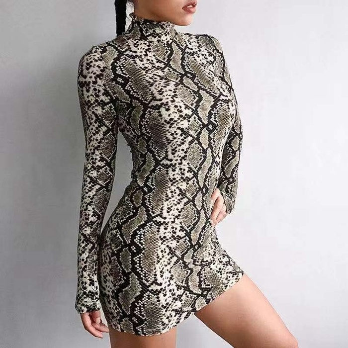 Fall women's sexy snakeskin pattern sheath dress with long sleeves