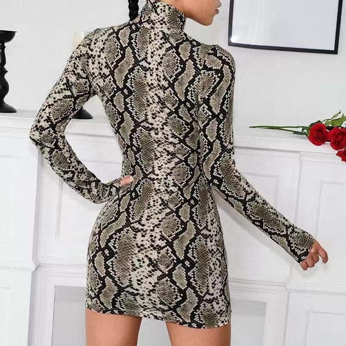 Fall women's sexy snakeskin pattern sheath dress with long sleeves