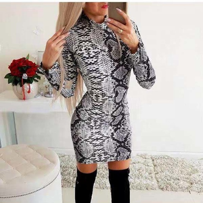 Fall women's sexy snakeskin pattern sheath dress with long sleeves