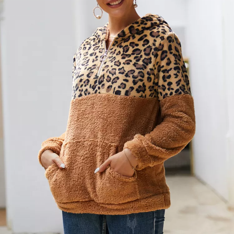 2022 explosive double-faced fleece leopard print stitching sweater women's autumn and winter long-sleeved top