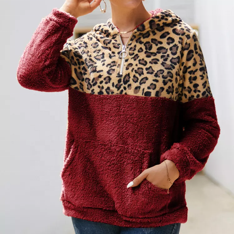 2022 explosive double-faced fleece leopard print stitching sweater women's autumn and winter long-sleeved top