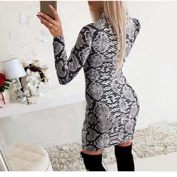 Fall women's sexy snakeskin pattern sheath dress with long sleeves