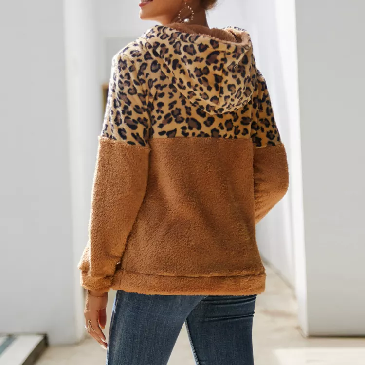 2022 explosive double-faced fleece leopard print stitching sweater women's autumn and winter long-sleeved top