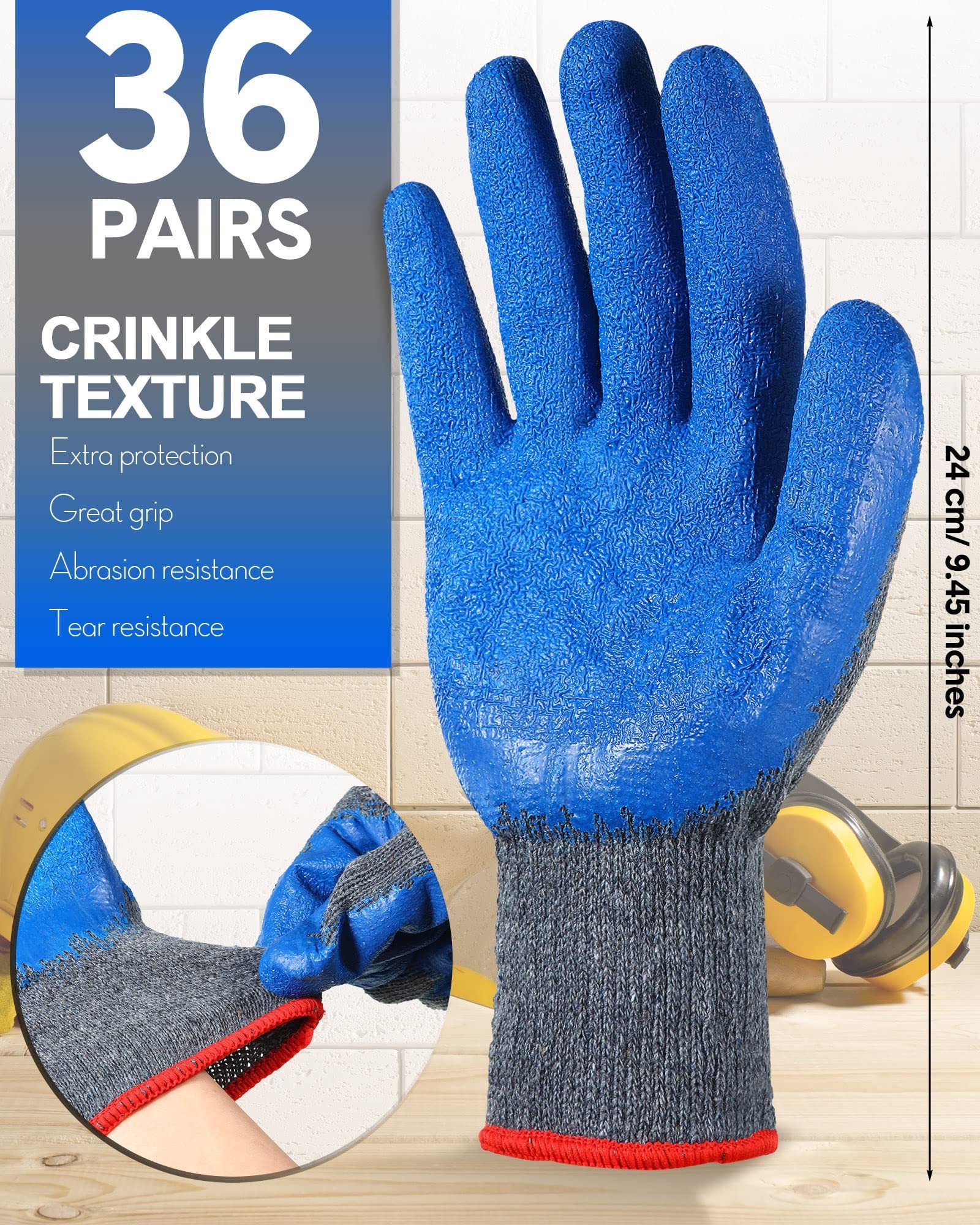 Safety Large Blue Rubber latex  Coated Work Gloves  Suitable for Men Construction Gardening Mechanic work gloves