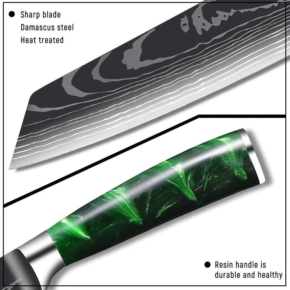 Luxury green resin-handled Damascus Steel Knife Chef Cooking VG10 67-layer laser Print Kitchen Knife Damascus Knife Set