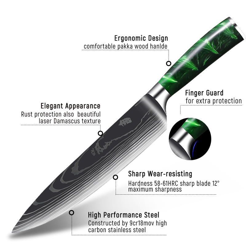 Luxury green resin-handled Damascus Steel Knife Chef Cooking VG10 67-layer laser Print Kitchen Knife Damascus Knife Set