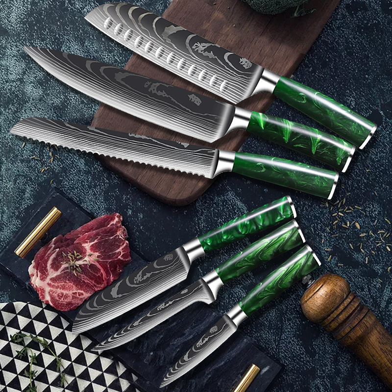 Luxury green resin-handled Damascus Steel Knife Chef Cooking VG10 67-layer laser Print Kitchen Knife Damascus Knife Set