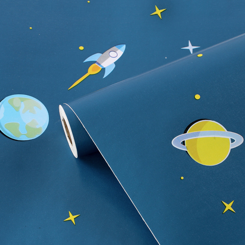 Chinese Factory Supply Cartoon Wallpaper Kids Room Spaceship Star To Bedroom Peel And Stick Wallpaper