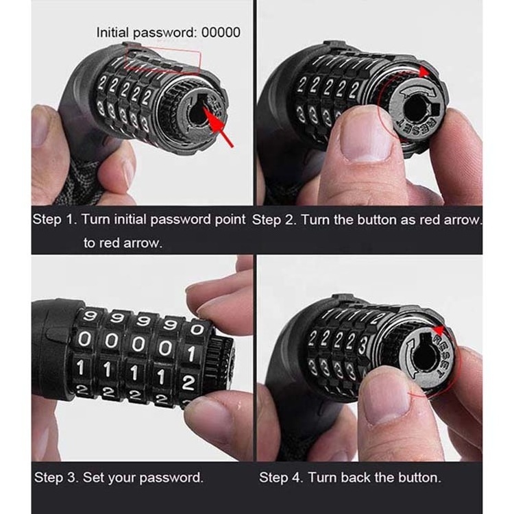 Double Injected Wheel 5 Digits Combination  Resettable Chain Lock 6x1000mm Keyless Bicycle Lock