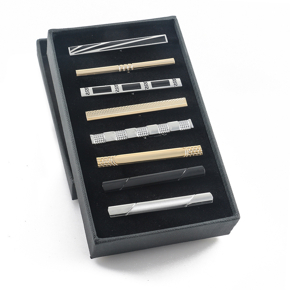 8 PCS Tie Clips Set for Men Tie Bar Clip Black Silver-Tone Gold-Tone for Wedding Business with Gift Box