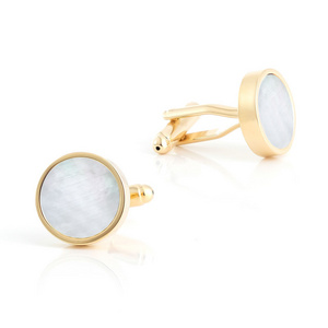 Wedding Best Man Brass Material Round Shaped MOP Cufflinks Luxury Gold Plated White Pearl Cufflinks for Men