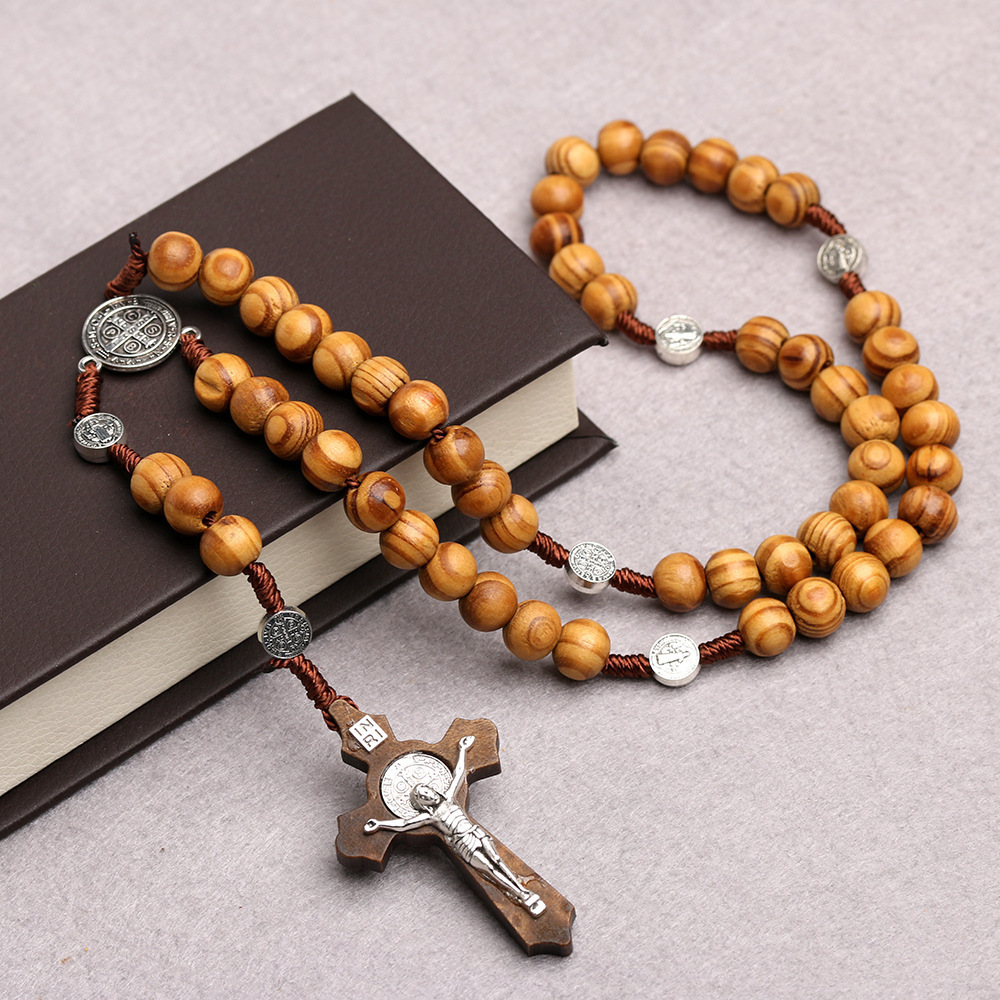 Hot selling handmade woven muslim natural wood beads christian rosary cross necklaces for men Eid gifts