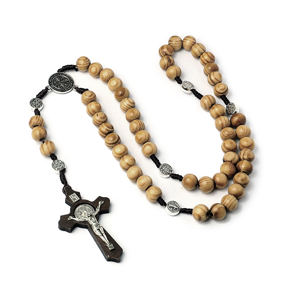 Hot selling handmade woven muslim natural wood beads christian rosary cross necklaces for men Eid gifts