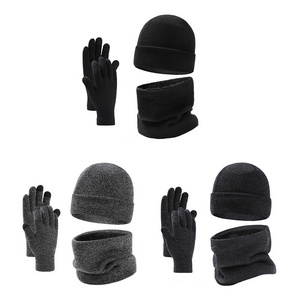 Wholesale knitted hat winter hat with scarf and gloves plush winter woolen hat 3-piece set  for adults