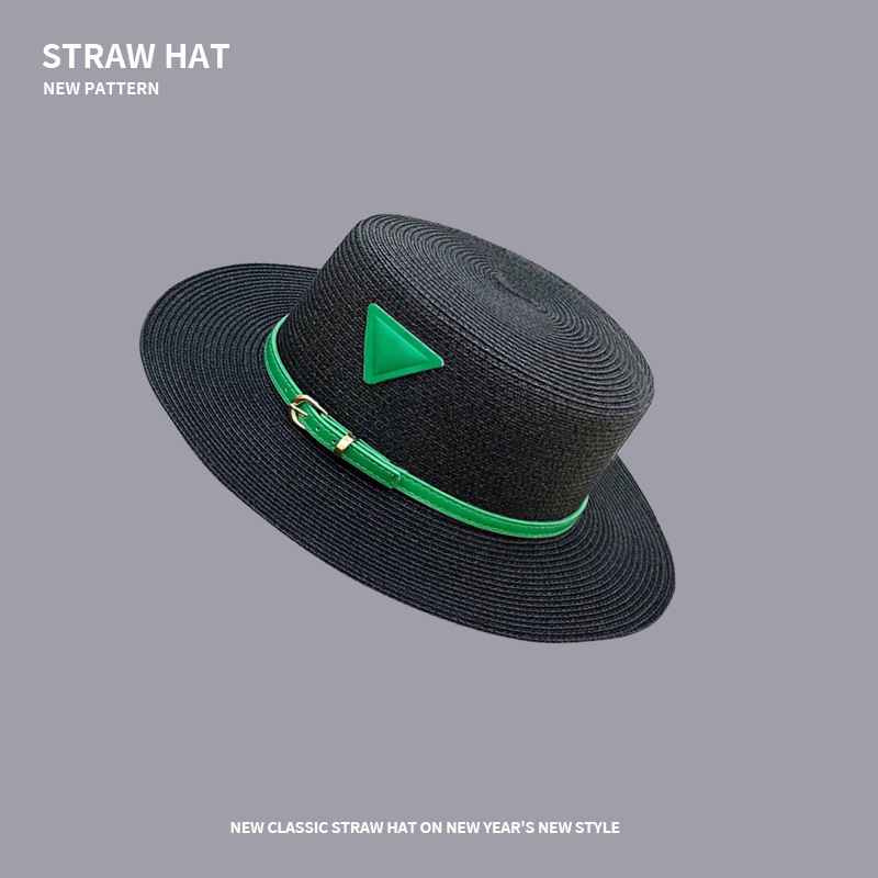 Outdoor travel holiday sun protection French style straw hat female retro green triangle label  flat top hat