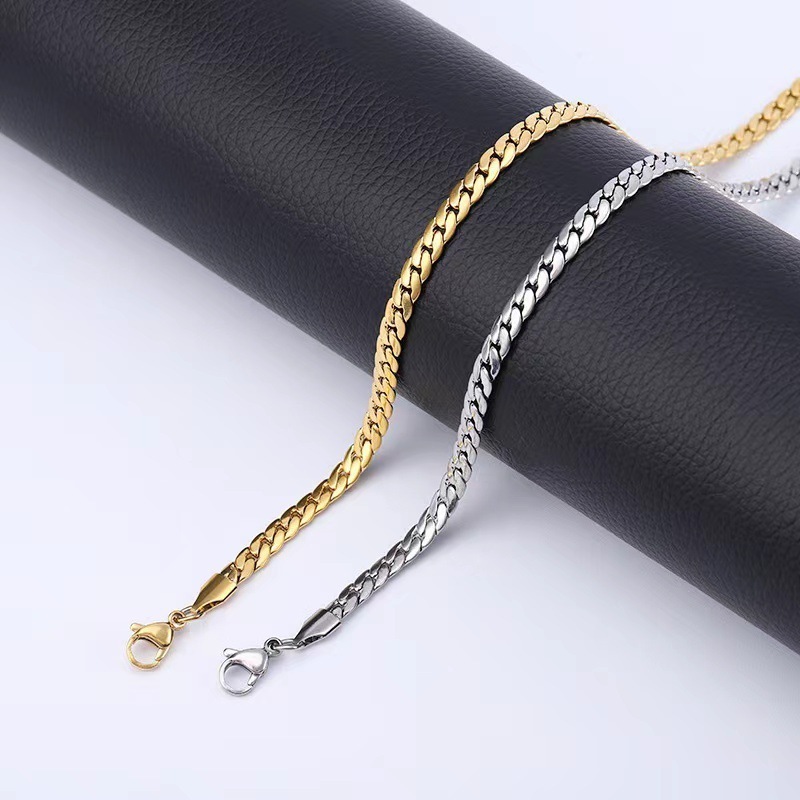 Hip Hop Unisex Chain Necklace Flat Intensive Cuban Chain 18k Gold Plated Multi Size Stainless Steel Necklace For Men