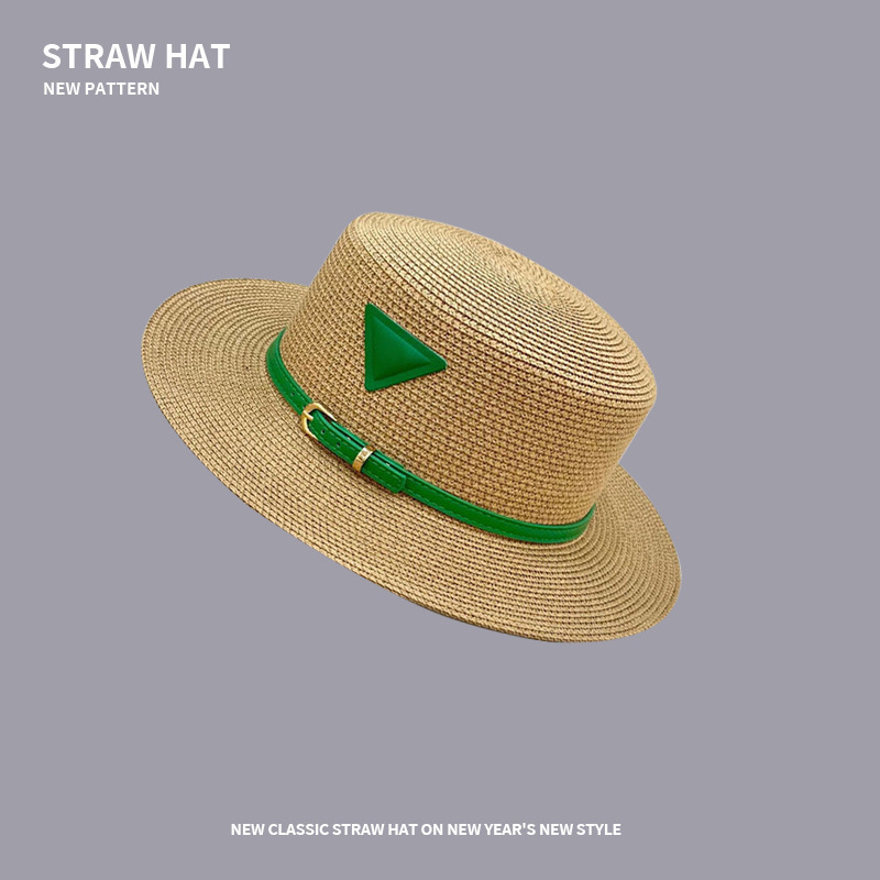 Outdoor travel holiday sun protection French style straw hat female retro green triangle label  flat top hat