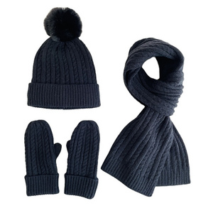 Wholesale Simple Fashion Winter Knitted Hat Three piece Set New Solid Color Plush Knitted Hat Warm Set