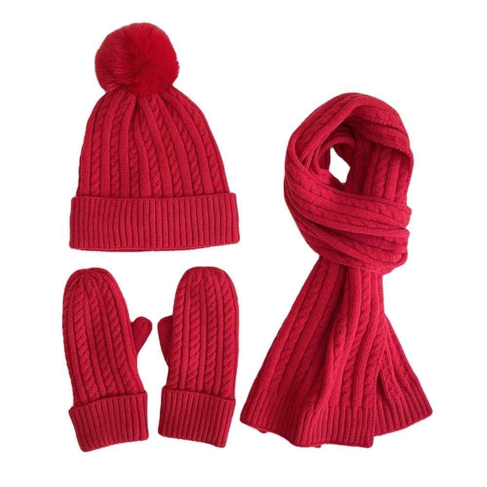 Wholesale Simple Fashion Winter Knitted Hat Three piece Set New Solid Color Plush Knitted Hat Warm Set