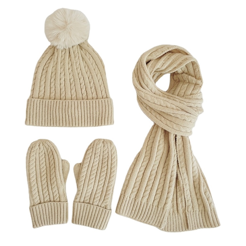 Wholesale Simple Fashion Winter Knitted Hat Three piece Set New Solid Color Plush Knitted Hat Warm Set