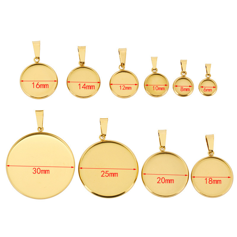 Fashion jewelry diy stainless steel 6-30mm inner size 18k gold plated polished round blank tray pendant for making necklace