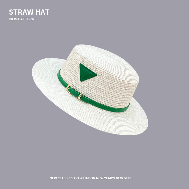 Outdoor travel holiday sun protection French style straw hat female retro green triangle label  flat top hat