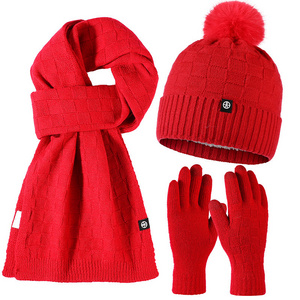 Wholesale hot selling style plush and thick wool knitted hats scarves and gloves warm three piece set for winter