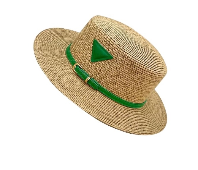 Outdoor travel holiday sun protection French style straw hat female retro green triangle label  flat top hat