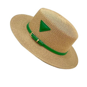 Outdoor travel holiday sun protection French style straw hat female retro green triangle label  flat top hat