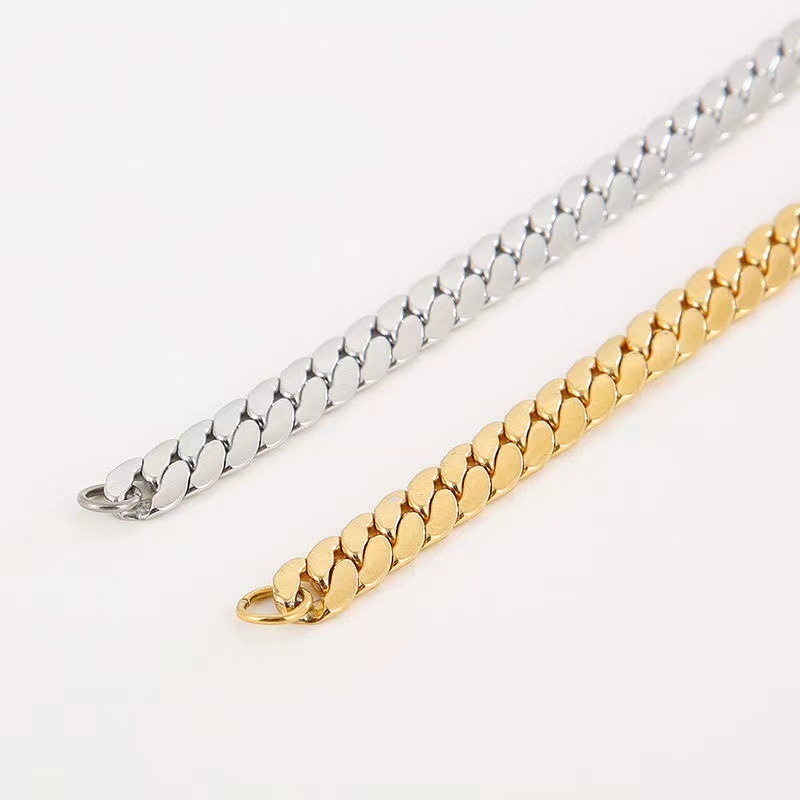 Hip Hop Unisex Chain Necklace Flat Intensive Cuban Chain 18k Gold Plated Multi Size Stainless Steel Necklace For Men