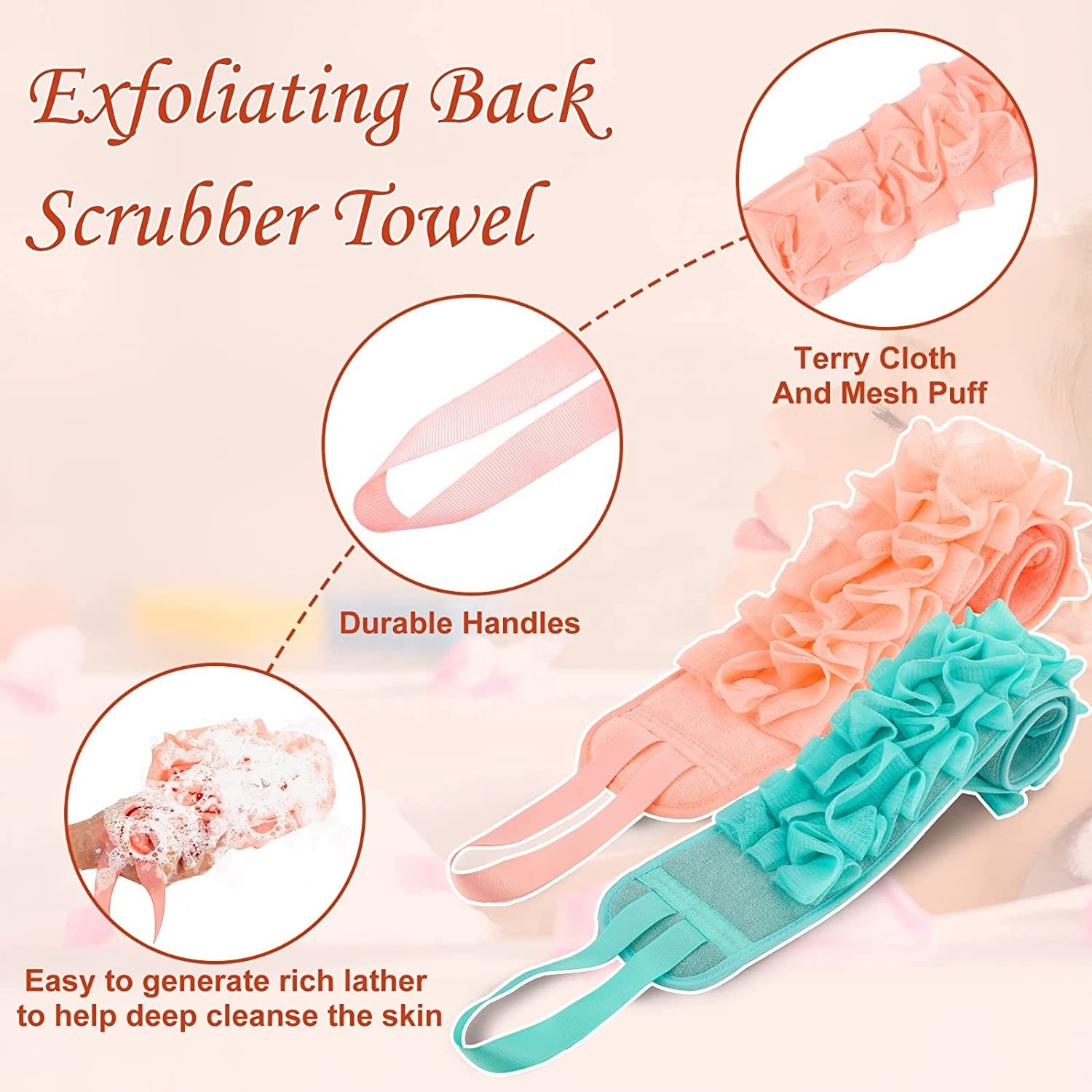 Exfoliating Back scrubber Double-sided exfoliating cloth body loofah sponge bath long handle suitable for deep cleaning