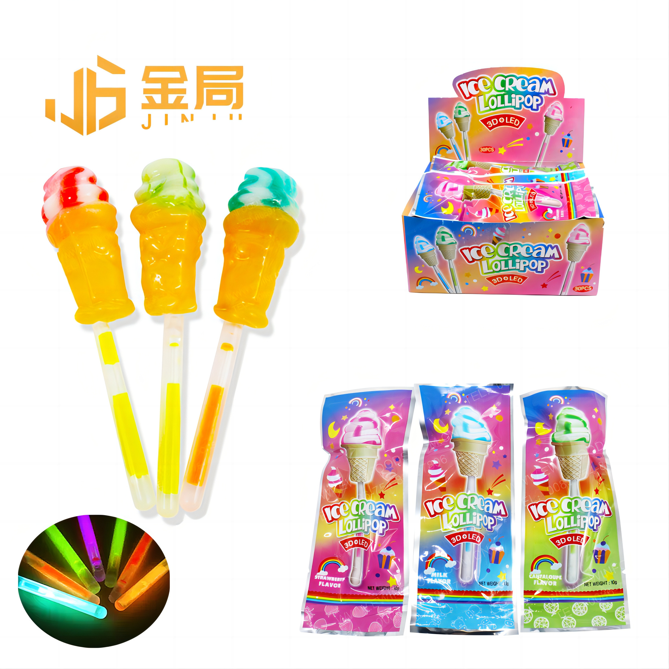 Custom kids hard candies lolly 3D ice cream candy independently packaged colorful glowing stick lollipop