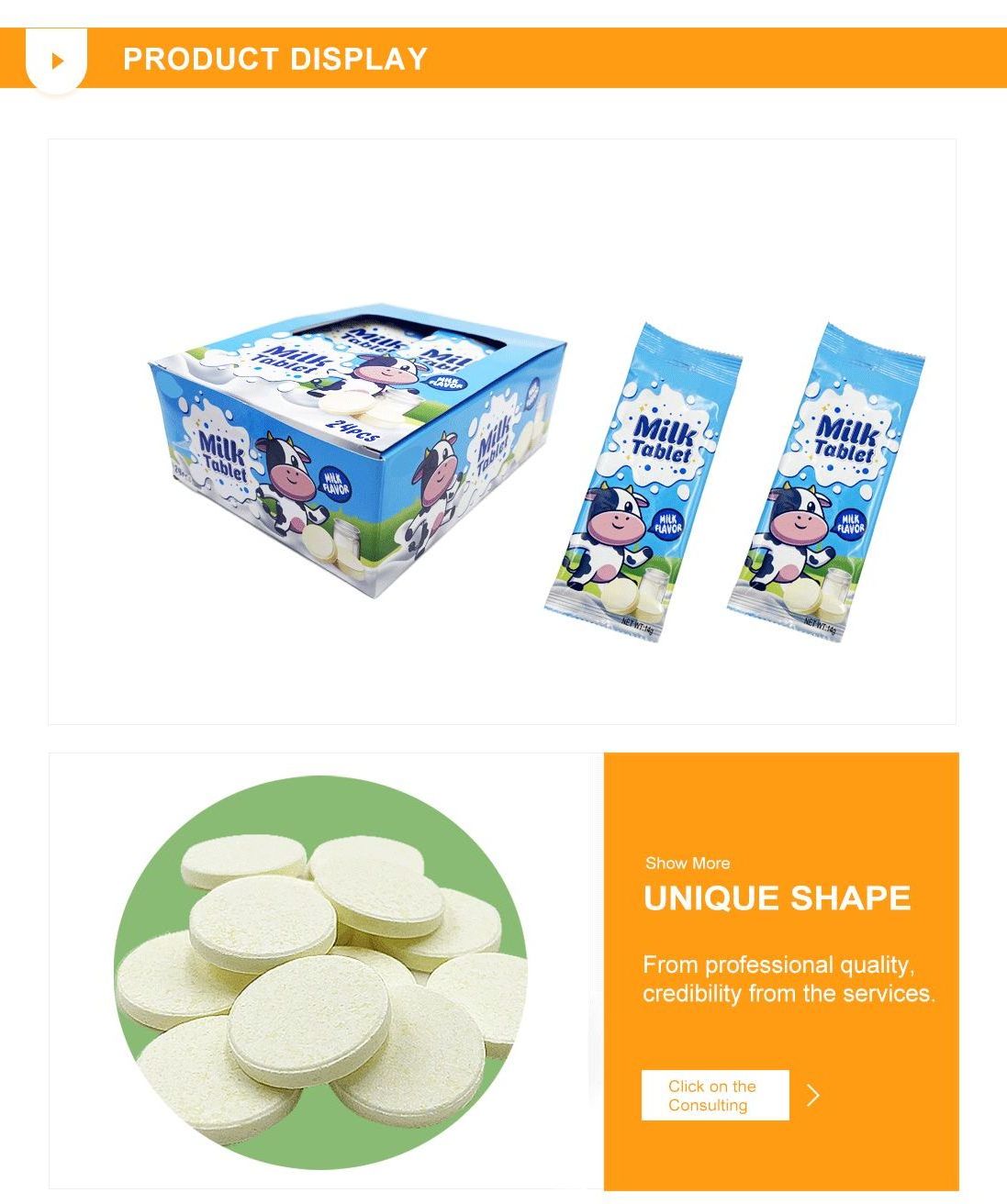 Chinese Cow Milk Flavored Dry Hard Confectionery Press Candy Milk Tablet Candy