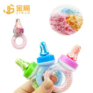 Wholesale fruit flavor pacifier shaped multicolored sweet bottle ring candy lollipops candy lollipops