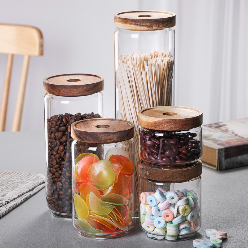 Glass Storage Jar with Wood Lids Airtight Sealed Clear Borosilicate Glass Canisters for Kitchen Food Storage