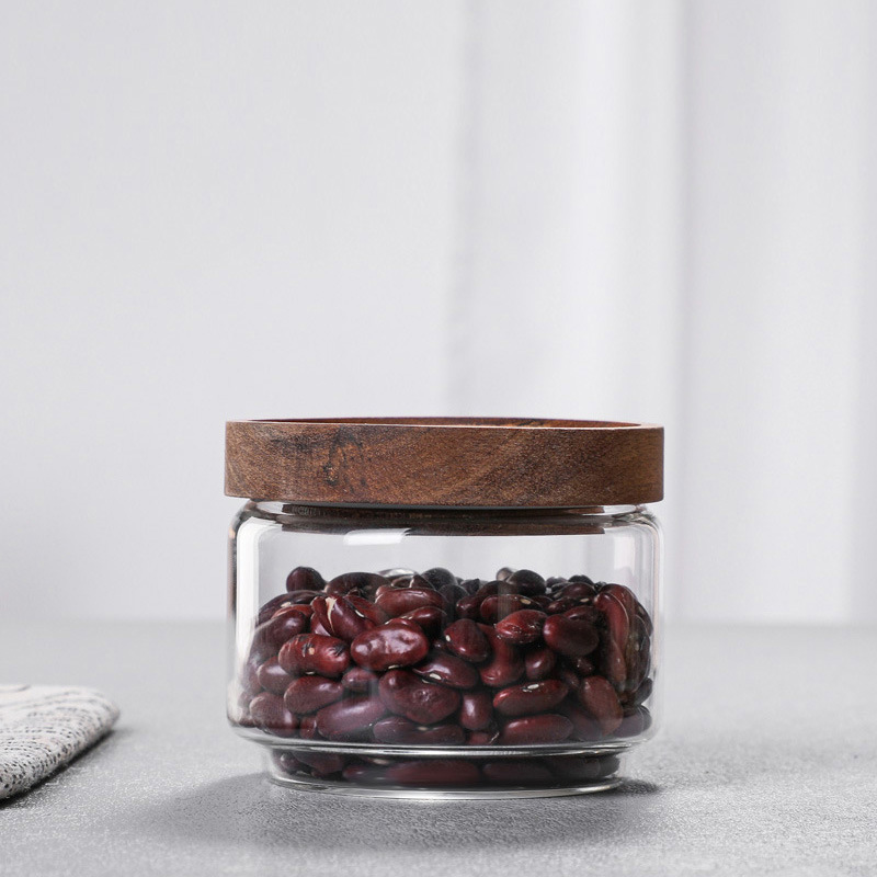 Glass Storage Jar with Wood Lids Airtight Sealed Clear Borosilicate Glass Canisters for Kitchen Food Storage