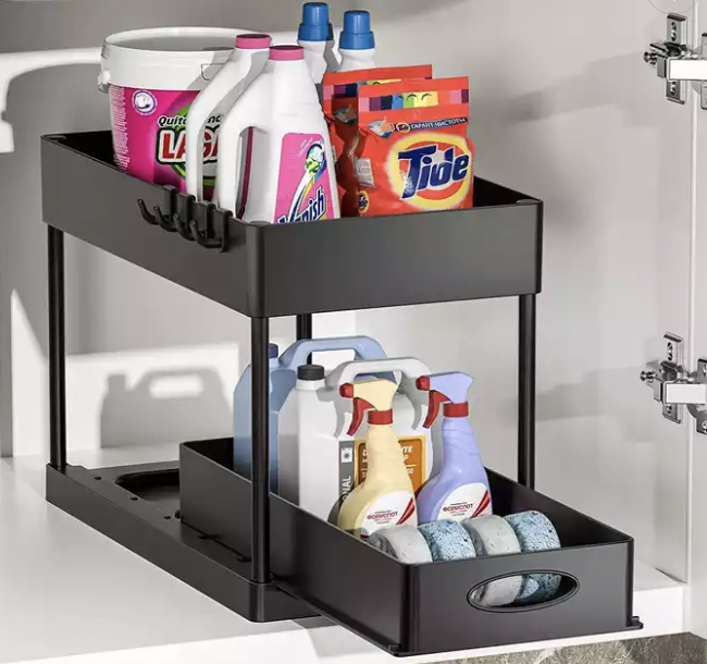 2 Tier Stainless Steel Multifunctional Under Sink Cabinet Holder Rack with Hooks for Bathroom Kitchen