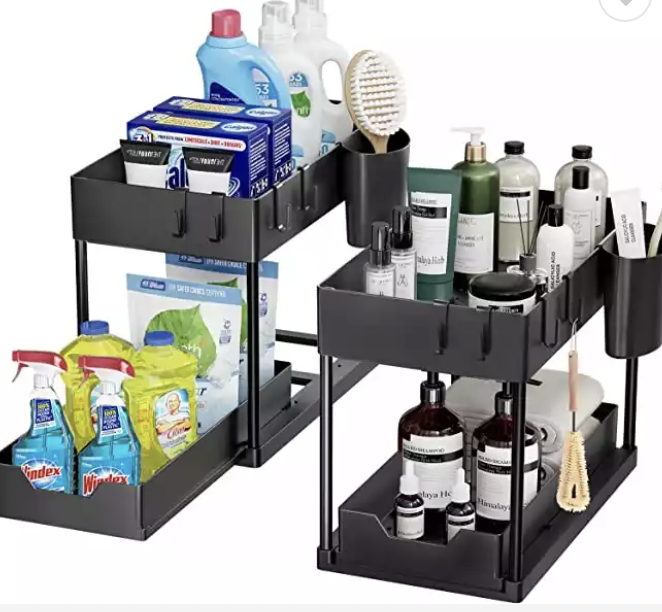 2 Tier Stainless Steel Multifunctional Under Sink Cabinet Holder Rack with Hooks for Bathroom Kitchen