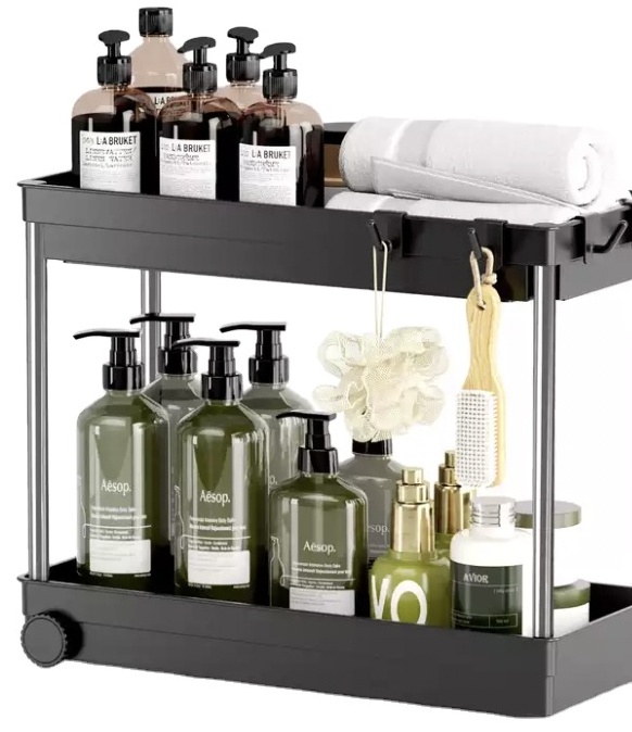 2 Tier Stainless Steel Multifunctional Under Sink Cabinet Holder Rack with Hooks for Bathroom Kitchen