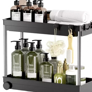 2 Tier Stainless Steel Multifunctional Under Sink Cabinet Holder Rack with Hooks for Bathroom Kitchen