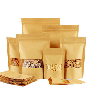 Wholesale Stand Up Zipper Locked Kraft Paper Bag Take away Food Sealing Bags With Clear Transparent Window