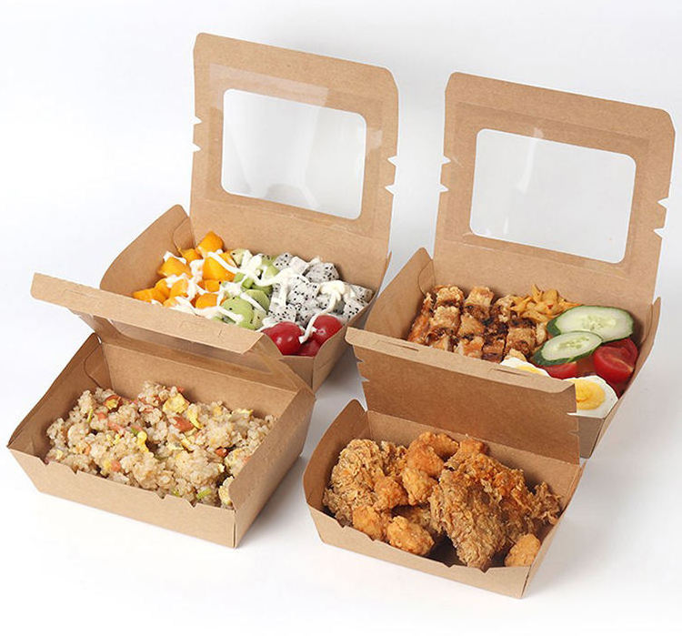 Hot sale with window type recyclable brown kraft paper salad box chicken fries lunch takeaway hot fast food packaging