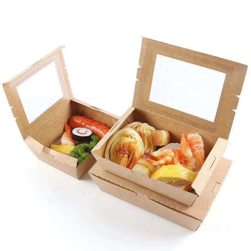 Hot sale with window type recyclable brown kraft paper salad box chicken fries lunch takeaway hot fast food packaging