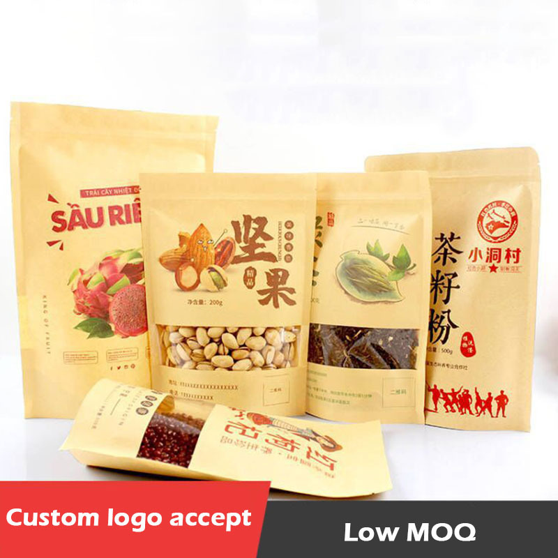 Wholesale Stand Up Zipper Locked Kraft Paper Bag Take away Food Sealing Bags With Clear Transparent Window