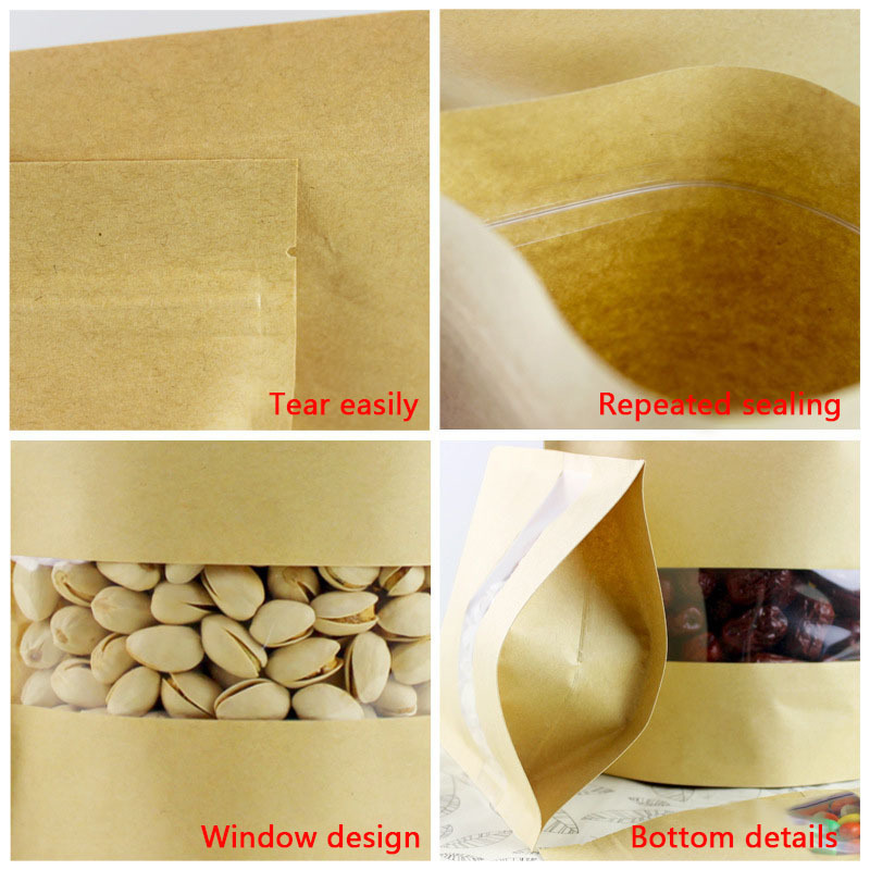 Wholesale Stand Up Zipper Locked Kraft Paper Bag Take away Food Sealing Bags With Clear Transparent Window