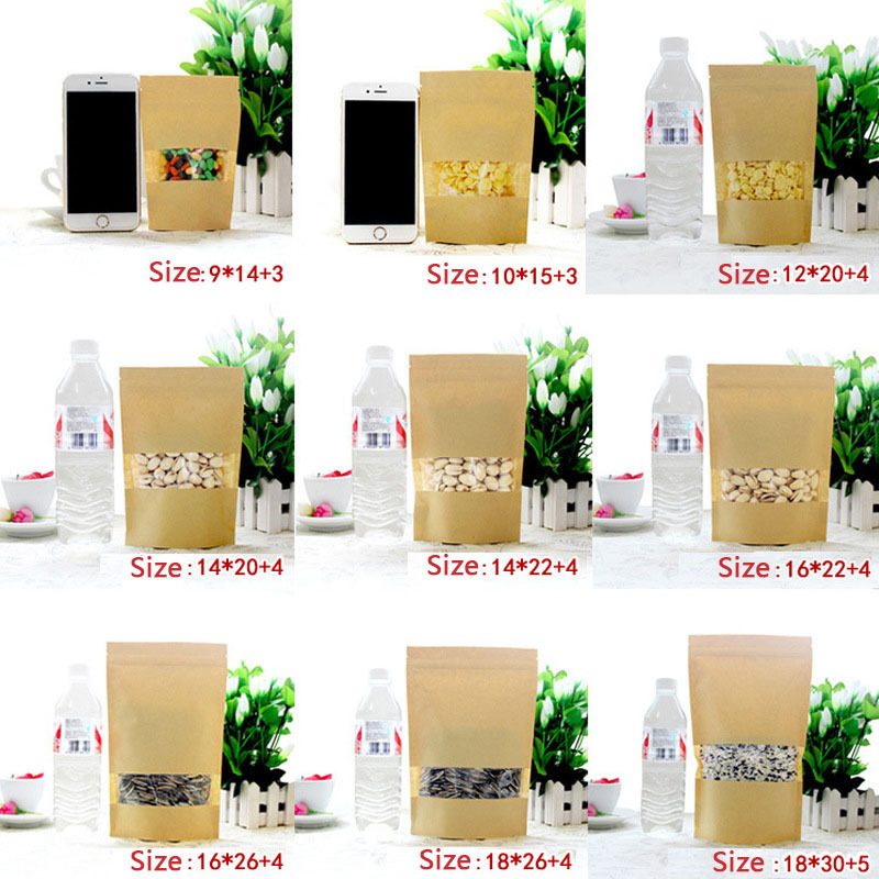 Wholesale Stand Up Zipper Locked Kraft Paper Bag Take away Food Sealing Bags With Clear Transparent Window