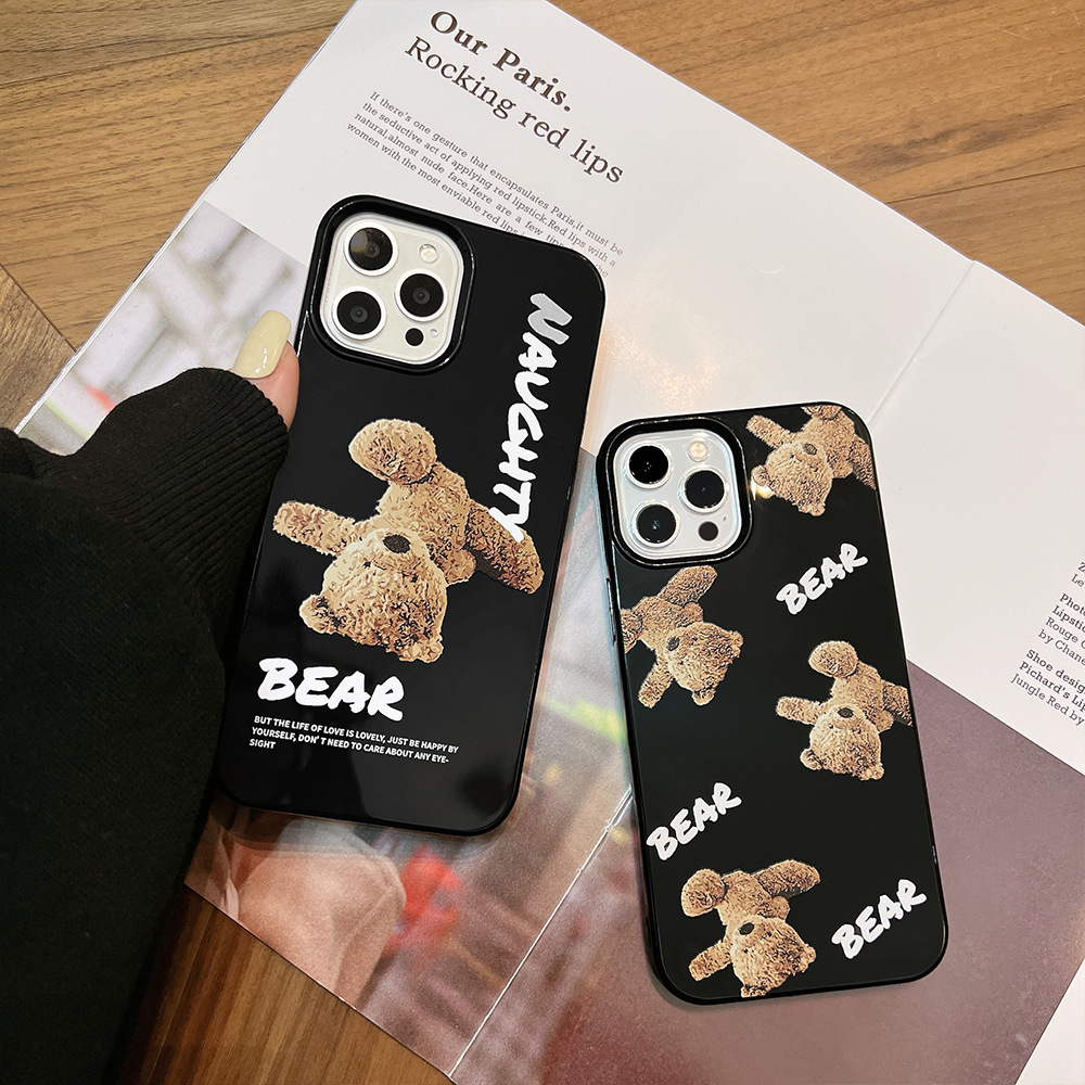 For iPhone 14 13 12 11 Pro Max XSmax XR X XS 7 8 Plus TPU Black Cartoon Inverted Teddy Bear Mobile Phone Case