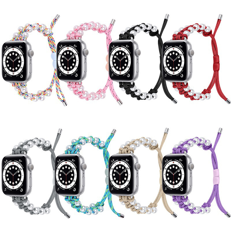 for Apple Watch 8 7 6 5 40mm 44mm 38mm 42mm Adjustable Pearls Parachute Rope Nylon Braided Watch Strap